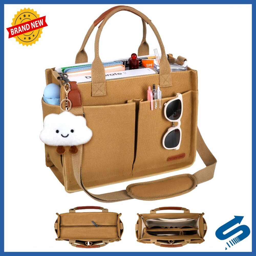 Large Canvas Tote Bag with Zipper Compartments Crossbody Shoulder Work Travel